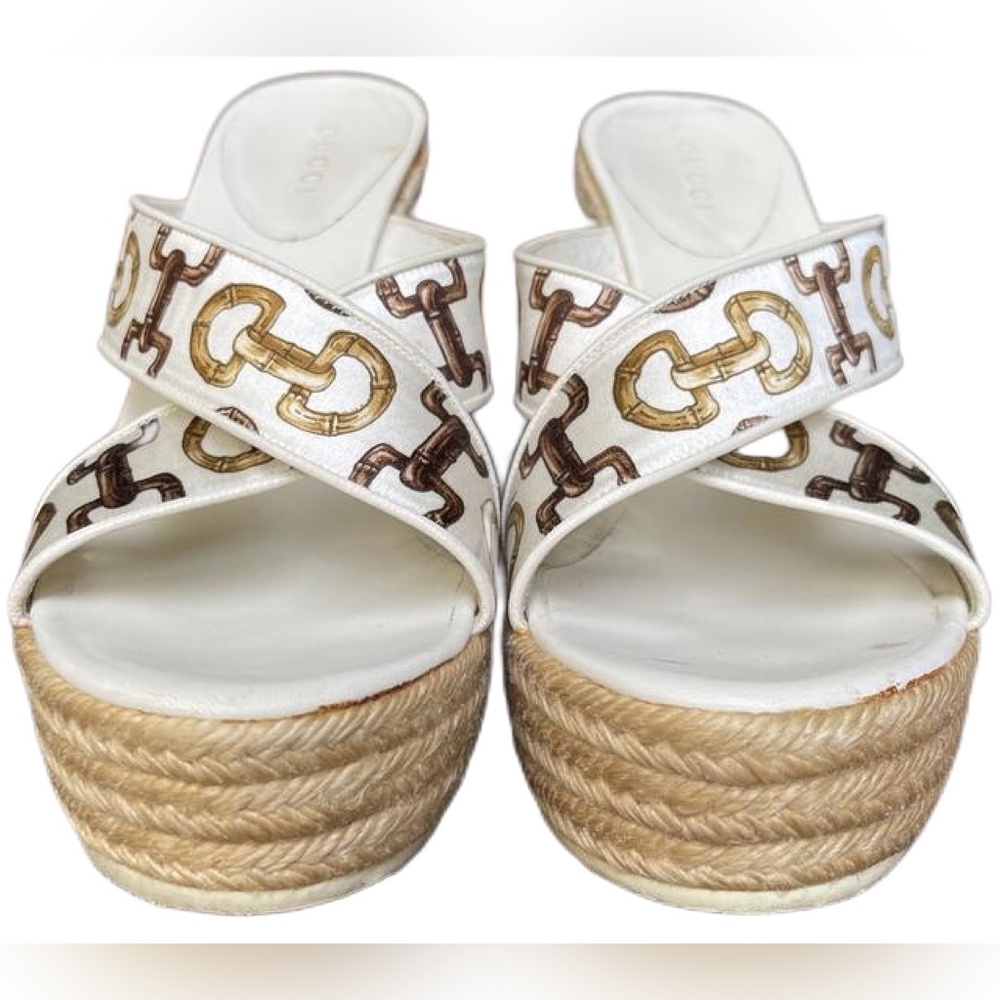 Gucci White Leather Espadrille Wedge Sandals with Brown Logo Trim - Picture 2 of 12